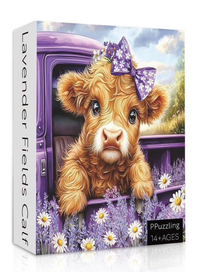 PPuzzling Highland Cow Puzzle for Adults 1000 Pieces, Cute Farm Cow Animal Puzzle Featuring Lavender Flower, Daisy Field & Purple Vintage Truck Scene Jigsaw Puzzle, Nature Floral Scenery Puzzle - Image 1